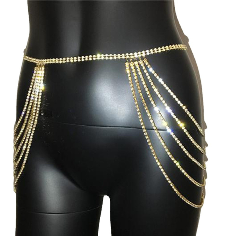 Telový reťaz s viacvrstvovým dizajnom z rhinestones, elektroplátovaný zliatin, biele kryštály, geometrický dizajn v páse a bokoch