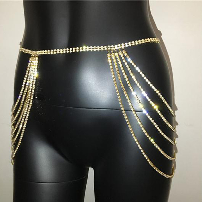 Telový reťaz s viacvrstvovým dizajnom z rhinestones, elektroplátovaný zliatin, biele kryštály, geometrický dizajn v páse a bokoch