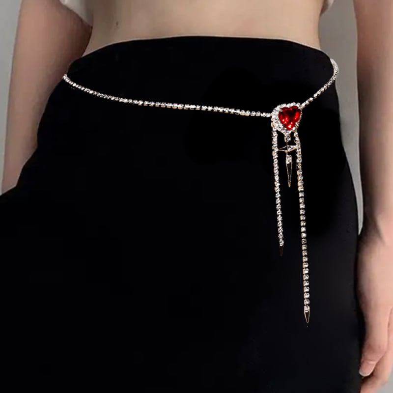 Ženski body chain za pojas s dizajnom srca i križnim resicama, zlitina, kristali (elektropoliranje, stil: ženski)