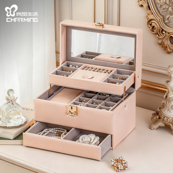 Ювелирна кутия Casegrace sp01348, кожа, твърда конструкция, едноцветен дизайн, голям капацитет, отделения за пръстени, обици и колие