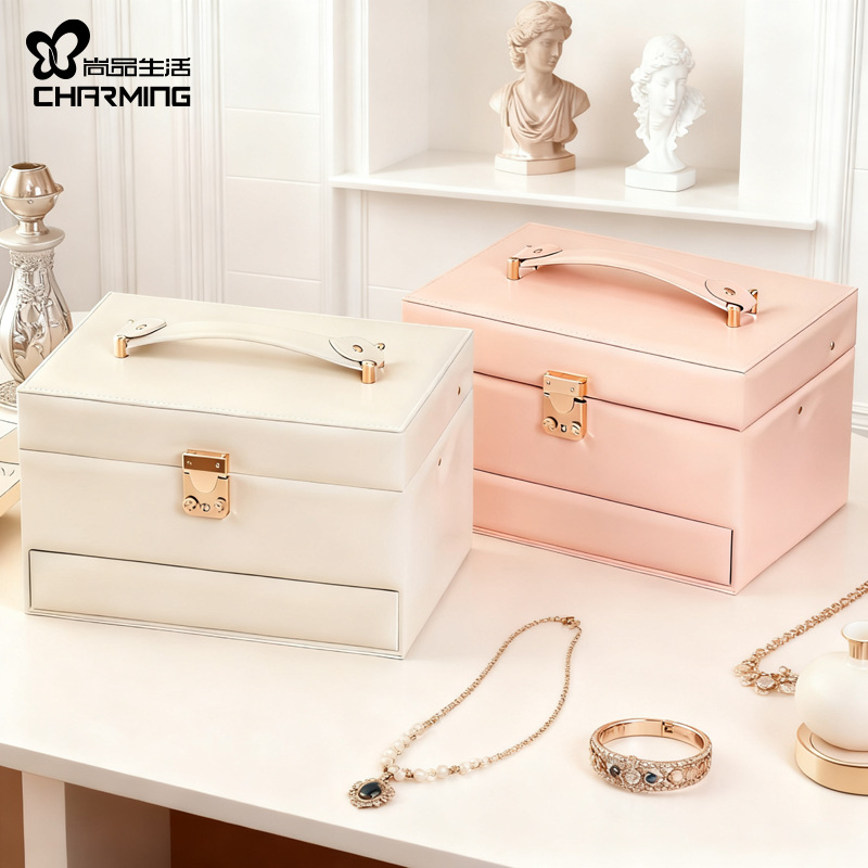 Ювелирна кутия Casegrace sp01348, кожа, твърда конструкция, едноцветен дизайн, голям капацитет, отделения за пръстени, обици и колие