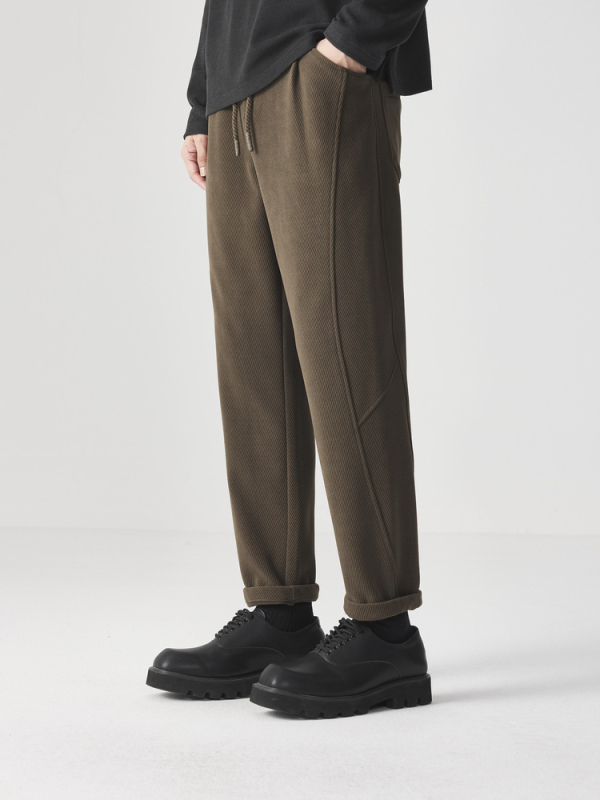 Muške casual hlače s fleece podstavom i twill teksturom, srednji pojas, šnira za podešavanje, poliester tkanina, zima 2025