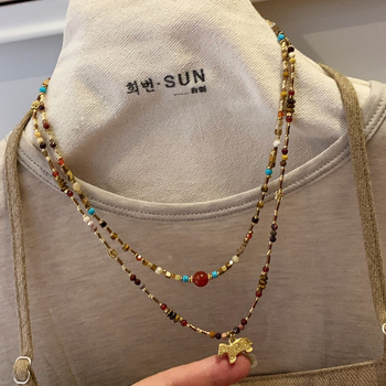 Colier pentru femei, mărgele din piatră naturală, lanț clavicular, cu inserții din pietre mixte, vara 2024