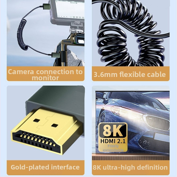 HDMI 2.1 ārkārtīgi plāns teleskopisks atsperkabelis ar sānu leņķa savienotāju, 1 m garums, atbalsta 8K60Hz