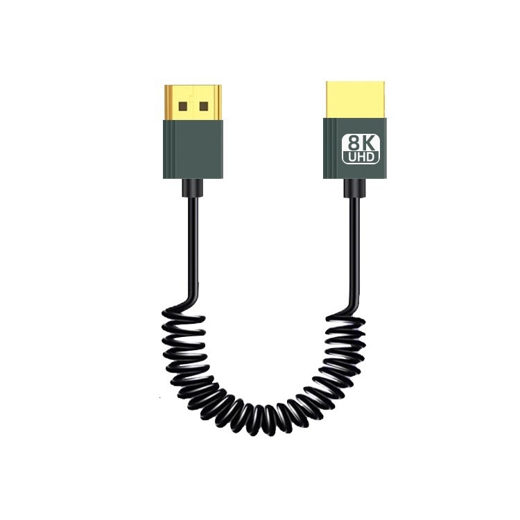 HDMI 2.1 ултра тънък телескопичен пружинен кабел със страничен ъгъл за DSLR камери, дължина 1 м, поддържа 8K60Hz
