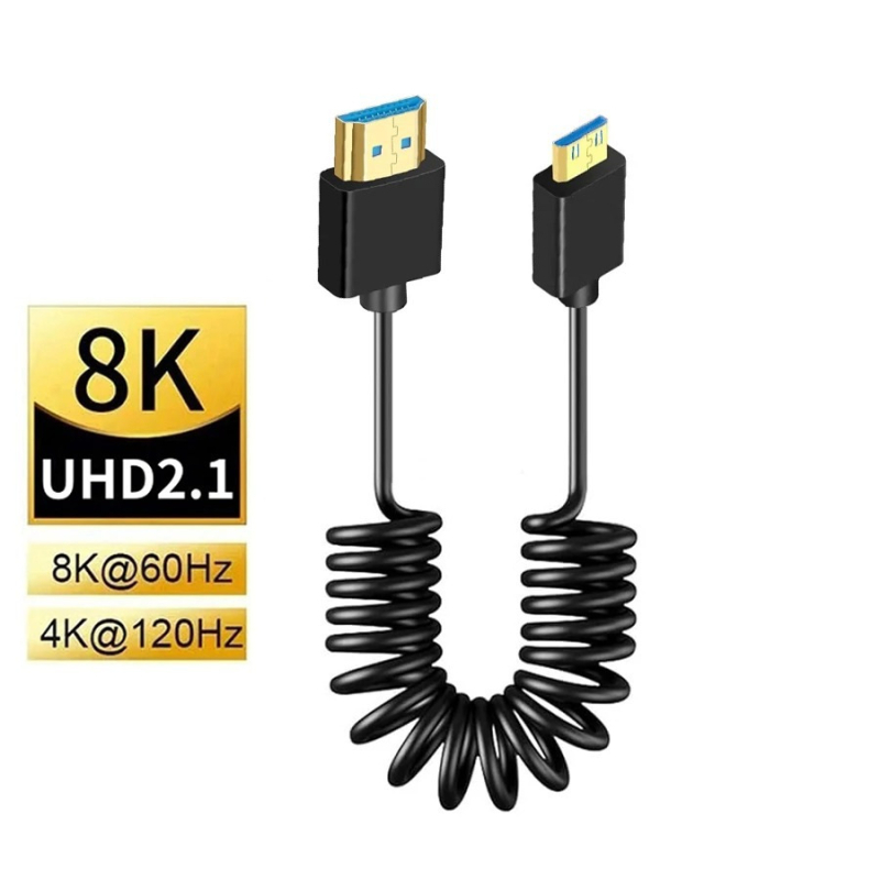 HDMI 2.1 ултра тънък телескопичен пружинен кабел със страничен ъгъл за DSLR камери, дължина 1 м, поддържа 8K60Hz