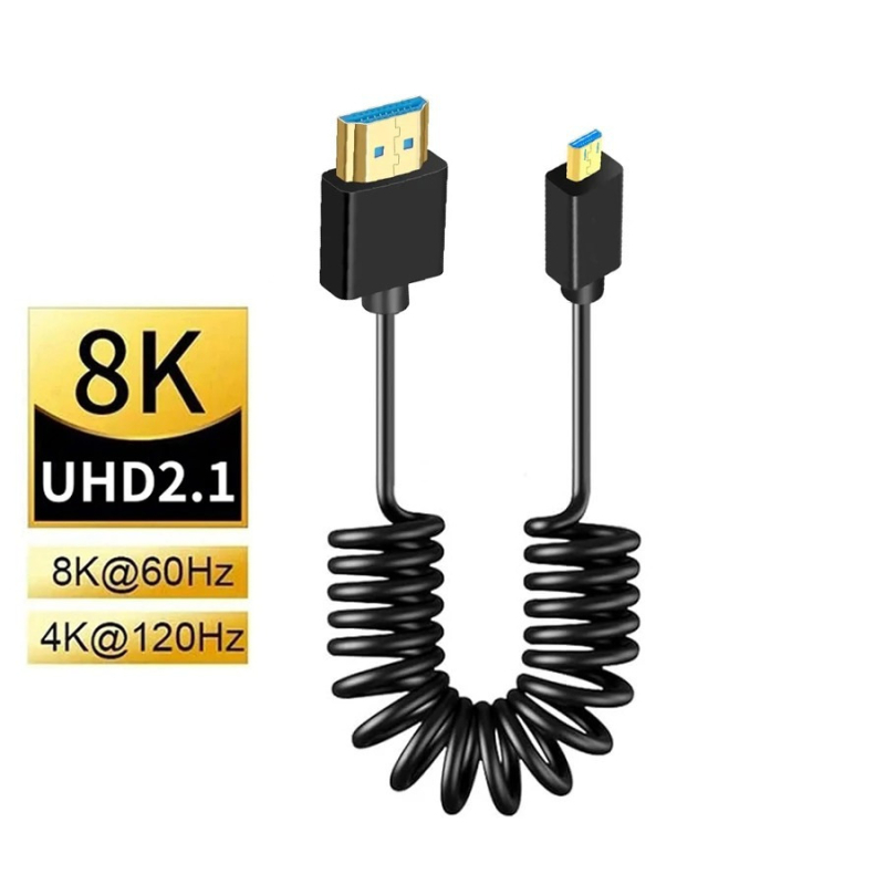 HDMI 2.1 ултра тънък телескопичен пружинен кабел със страничен ъгъл за DSLR камери, дължина 1 м, поддържа 8K60Hz