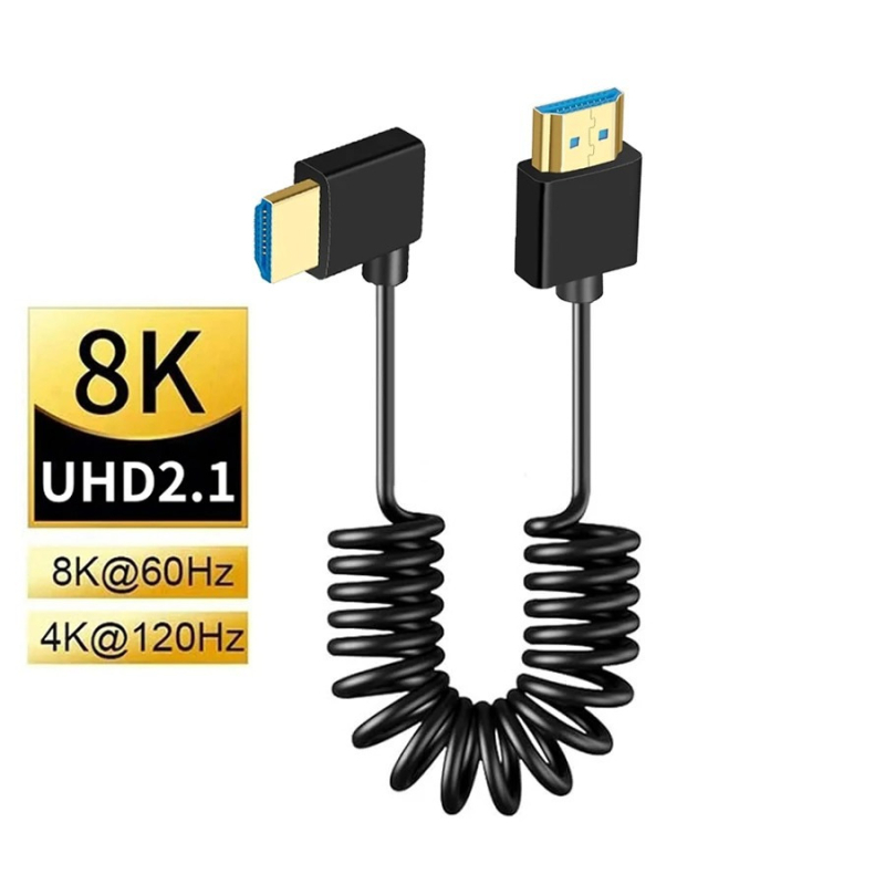 HDMI 2.1 ултра тънък телескопичен пружинен кабел със страничен ъгъл за DSLR камери, дължина 1 м, поддържа 8K60Hz