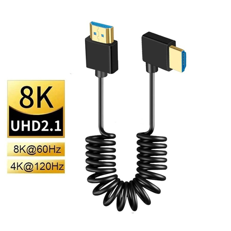 HDMI 2.1 ултра тънък телескопичен пружинен кабел със страничен ъгъл за DSLR камери, дължина 1 м, поддържа 8K60Hz
