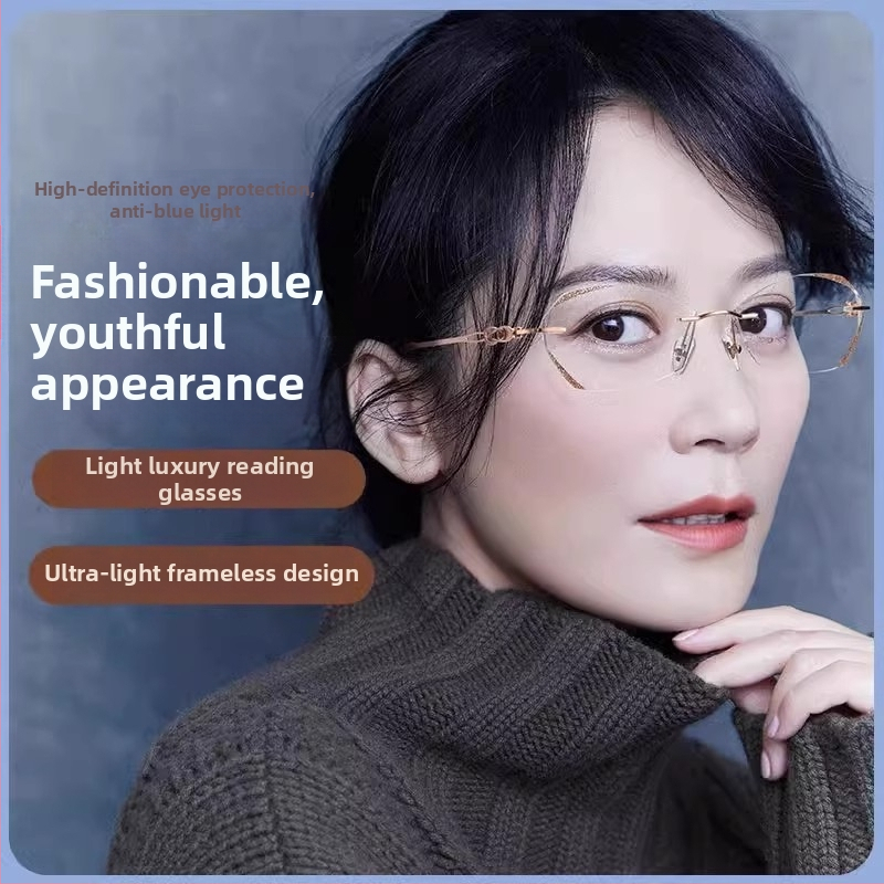 Ochelari ovali fără ramă pentru femei, lentile din rășină, anti-lumină albastră, dioptrii 0-400