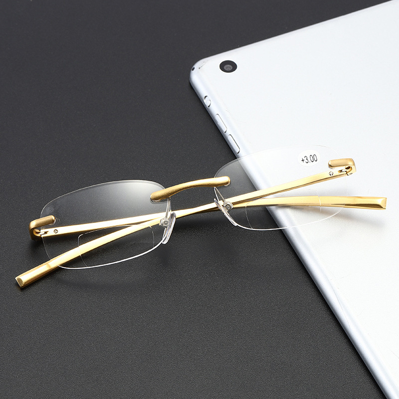 Rimless čitateljske naočale, okvir od aluminijsko-magnijeve legure, leće od smole, dvostruka upotreba za daleko i blizu, zaštita od plave svjetlosti i UV 023