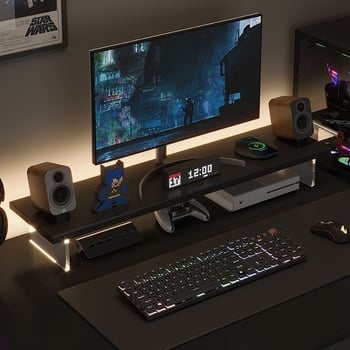 Stalo monitoriaus kėlėjas su pasukamu dizainu, iš dirbtinės plokštės, kelia ekraną ir turi saugojimo lentyną