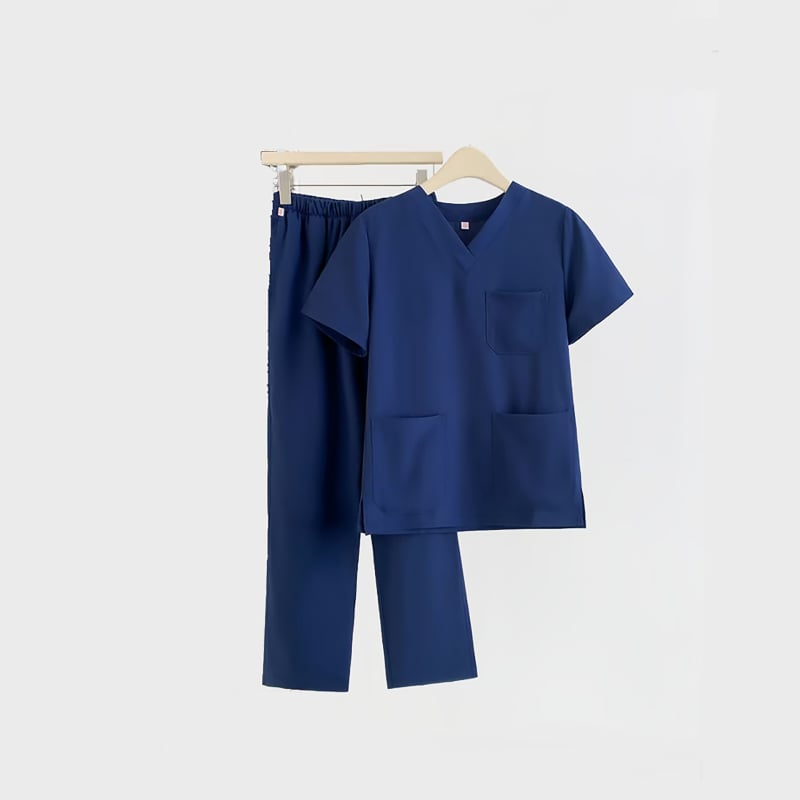Unisex set zdravotníckeho odevu scrubs, materiál polyester-spandex, odvádza vlhkosť, V-krk, krátke rukávy, top a nohavice