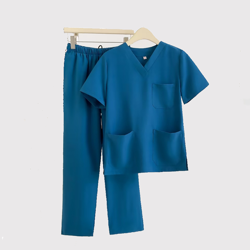 Unisex set lekárskeho oblečenia – vlhkosť odvádzajúci polyester-elastan materiál, krátke rukávy, V-krk, nohavice s viacerými vreckami, rýchloschnúci