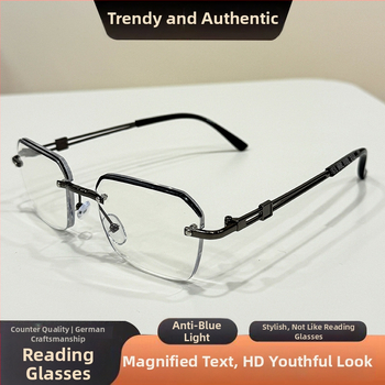 Be rėmelių presbiopijos akiniai su anti mėlynos šviesos filtru, kvadratinė metalo rėmelė, PC lęšiai, modelis A80, 2025 m. pavasaris