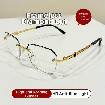 Skaitymo akiniai be rėmo, metalinis kvadratinis rėmas, PC lęšiai su mėlynos šviesos apsauga (Lęšiai: PC; Mėlynos šviesos apsauga; Konstrukcija: be rėmo; Rėmas: metalinis; Forma: kvadratinė)