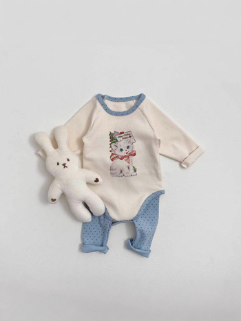 Korejski stil za bebe set romper s otiskom mačkice, dugi rukavi, pull-on, 95% pamuk, unisex, dvodijelni set