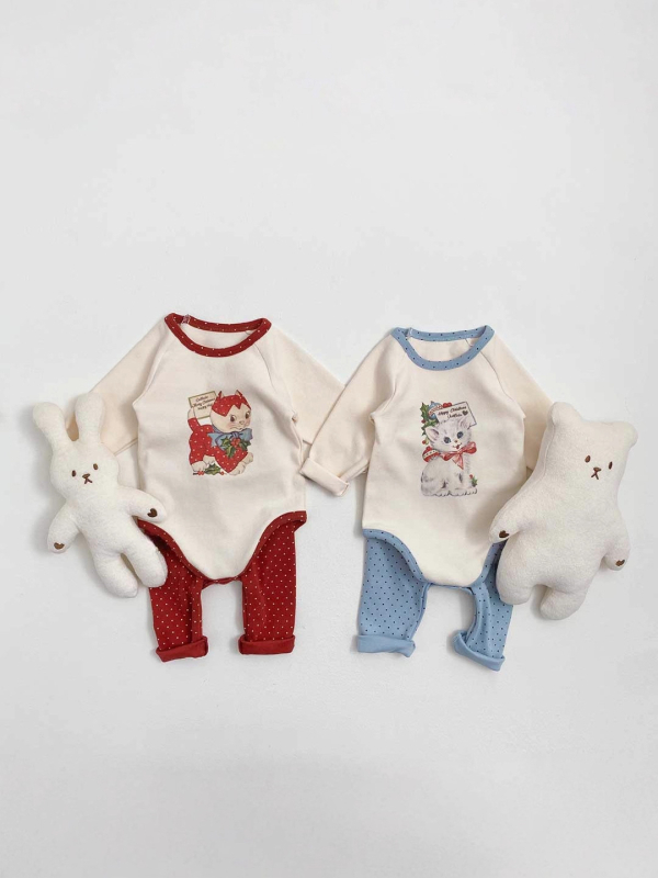 Korejski stil za bebe set romper s otiskom mačkice, dugi rukavi, pull-on, 95% pamuk, unisex, dvodijelni set