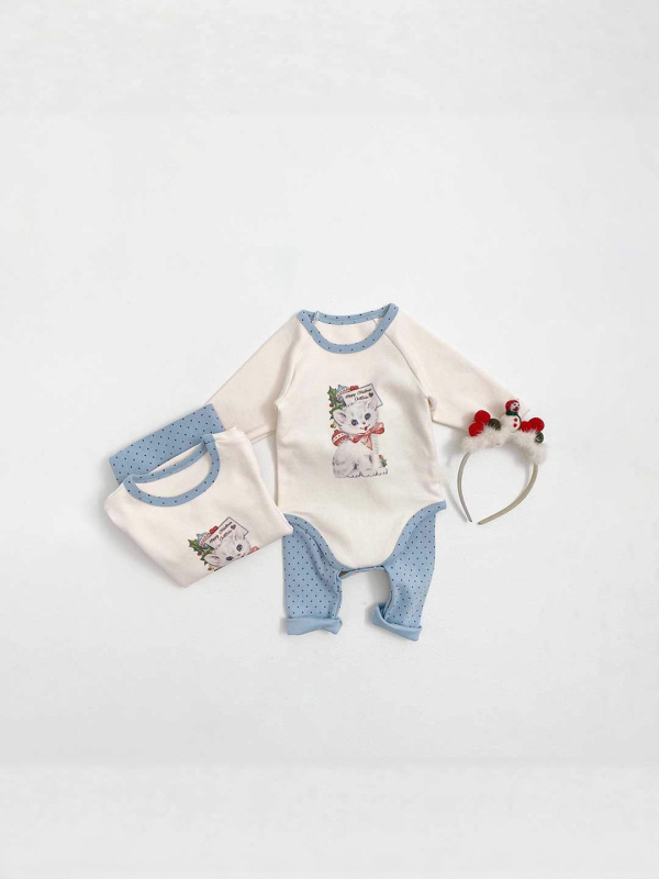 Korejski stil za bebe set romper s otiskom mačkice, dugi rukavi, pull-on, 95% pamuk, unisex, dvodijelni set