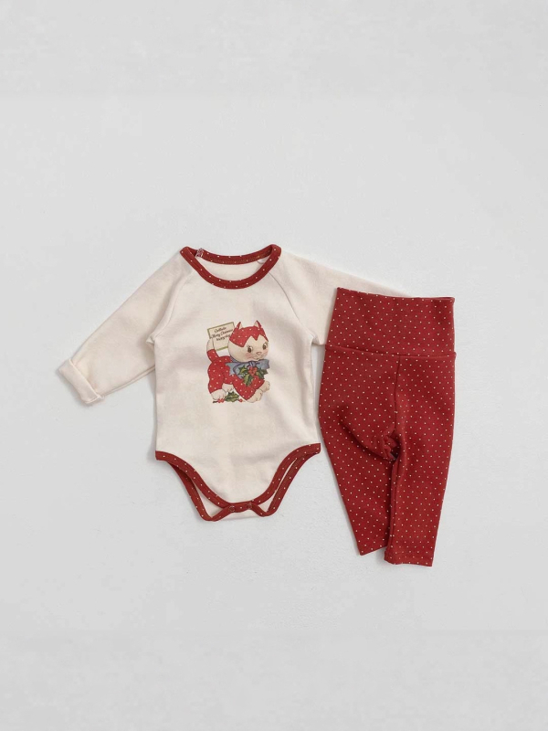 Korejski stil za bebe set romper s otiskom mačkice, dugi rukavi, pull-on, 95% pamuk, unisex, dvodijelni set