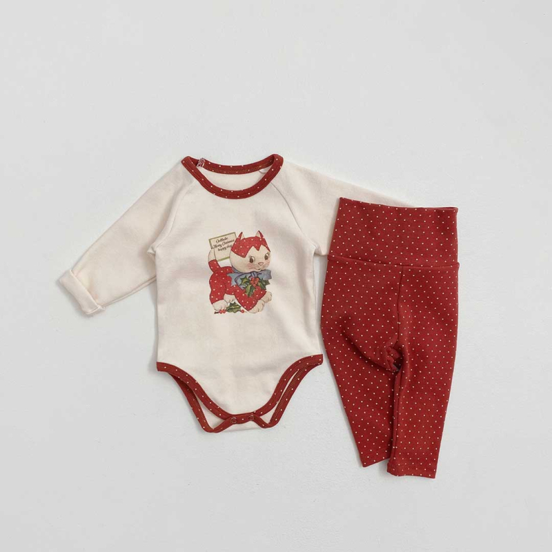 Korejski stil za bebe set romper s otiskom mačkice, dugi rukavi, pull-on, 95% pamuk, unisex, dvodijelni set