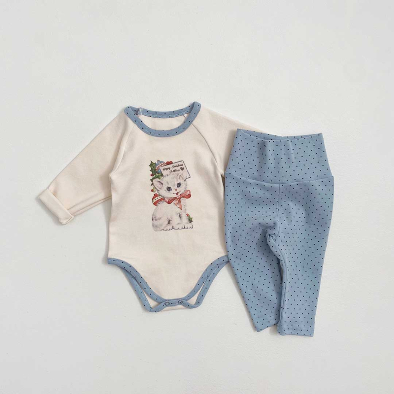 Korejski stil za bebe set romper s otiskom mačkice, dugi rukavi, pull-on, 95% pamuk, unisex, dvodijelni set