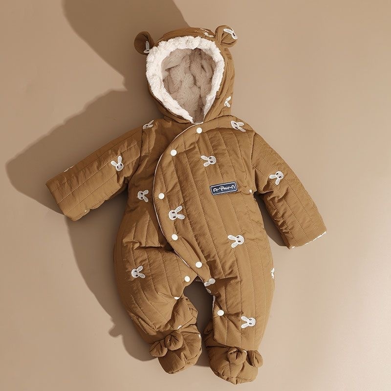 Zimski bebi kombinezon s kapuljom, dugi rukavi, noge za bebe, od poliestera s plišastom podstavom