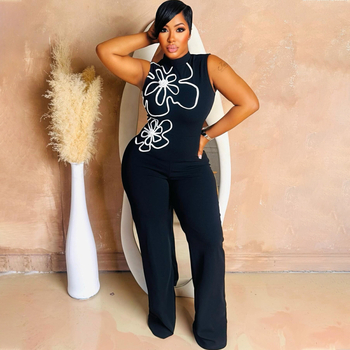 Ολόσωμη φόρμα χωρίς μανίκια με φλοράλ εκτύπωση, πολυεστέρας, ευρύ παντελόνι