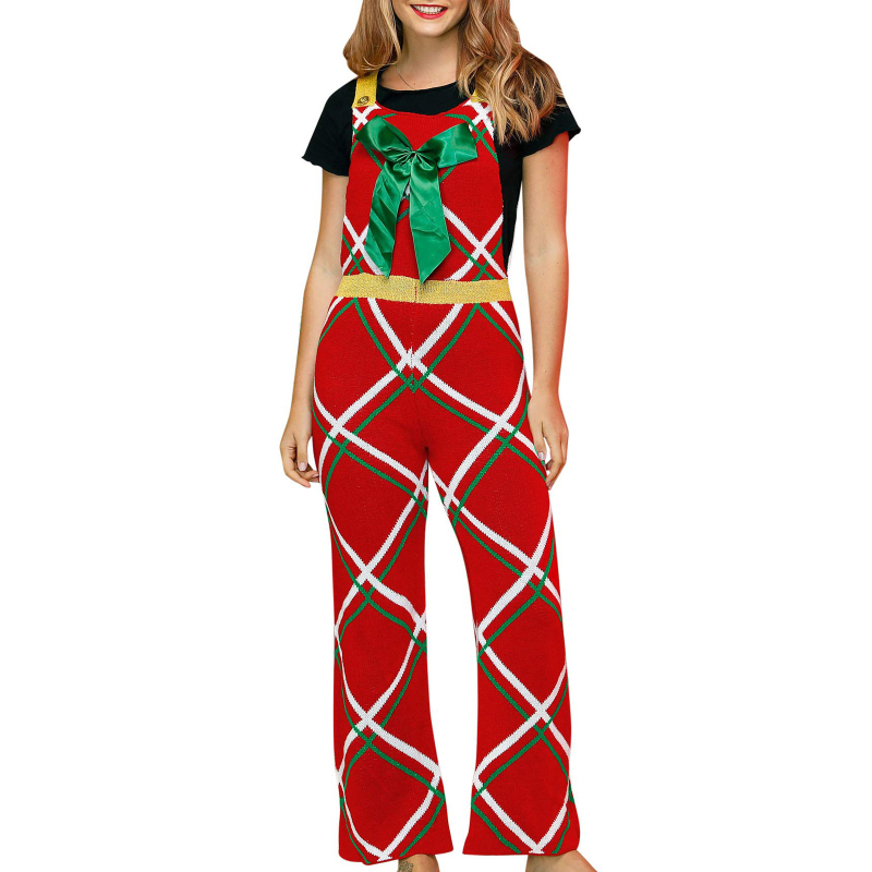 Ολόσωμη φόρμα για τα Χριστούγεννα με μεγάλο φιόγκο, ριγέ καρό σχέδιο; ύφασμα ακρυλικό; χωρίς μανίκια; ίσια γραμμή; ελεύθερη μέση