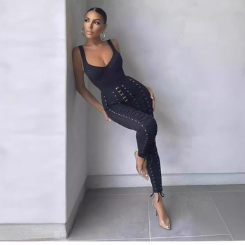 Bandage ολόσωμο jumpsuit με κορδόνια - χωρίς μανίκια, ψηλή μέση, σφιχτή εφαρμογή, παντελόνι τύπου κολάν, ανάμειξη πολυεστέρα-ελαστάνης