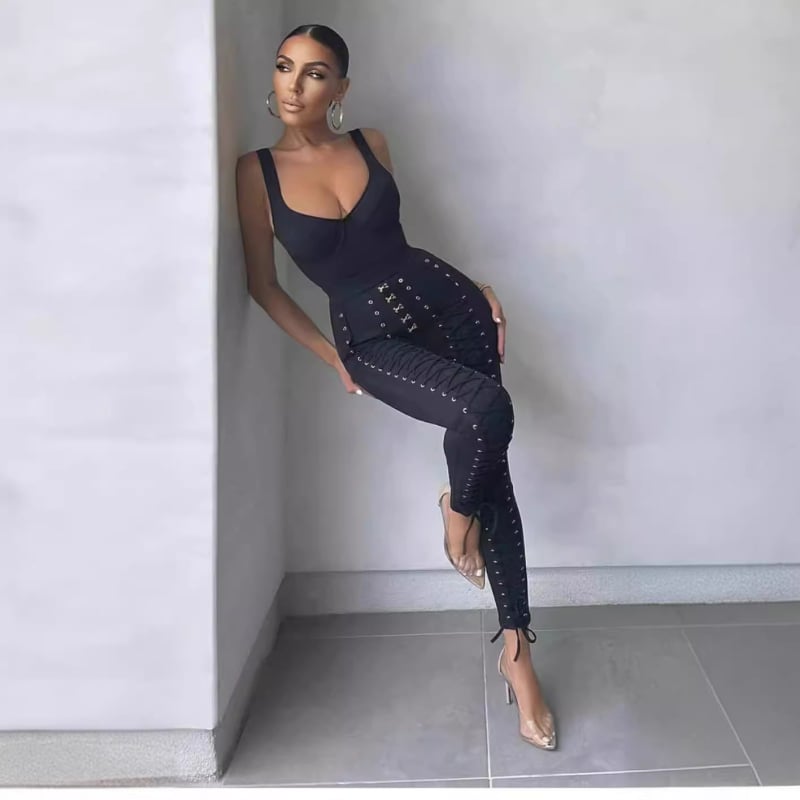 Bandage ολόσωμο jumpsuit με κορδόνια - χωρίς μανίκια, ψηλή μέση, σφιχτή εφαρμογή, παντελόνι τύπου κολάν, ανάμειξη πολυεστέρα-ελαστάνης