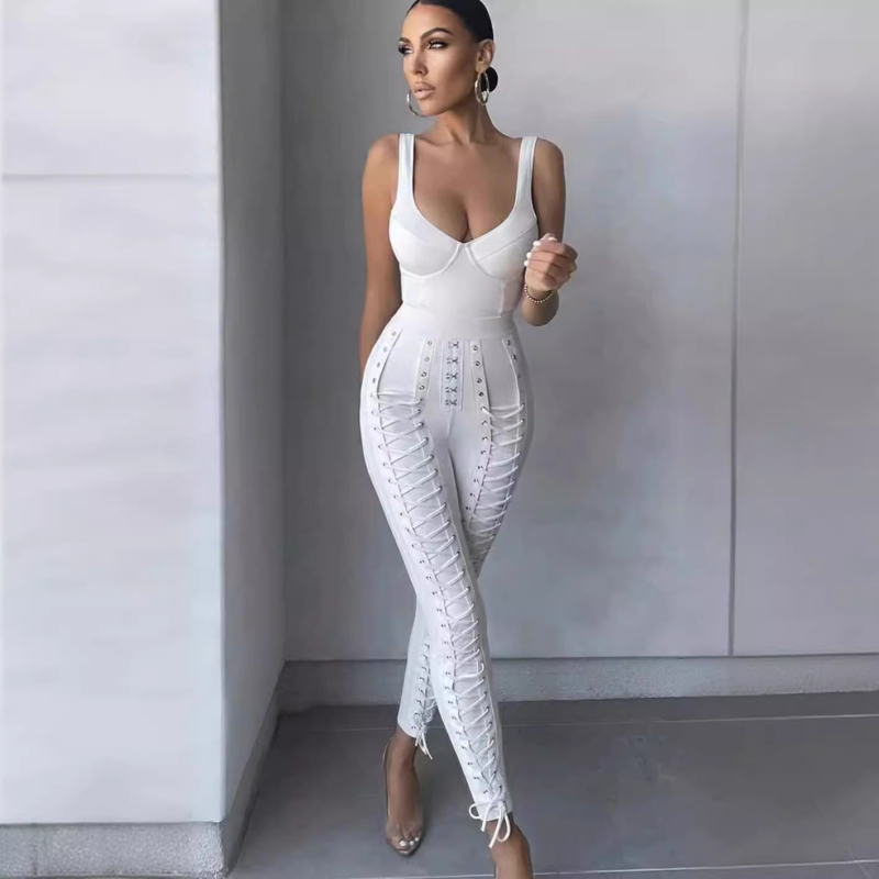 Bandage ολόσωμο jumpsuit με κορδόνια - χωρίς μανίκια, ψηλή μέση, σφιχτή εφαρμογή, παντελόνι τύπου κολάν, ανάμειξη πολυεστέρα-ελαστάνης