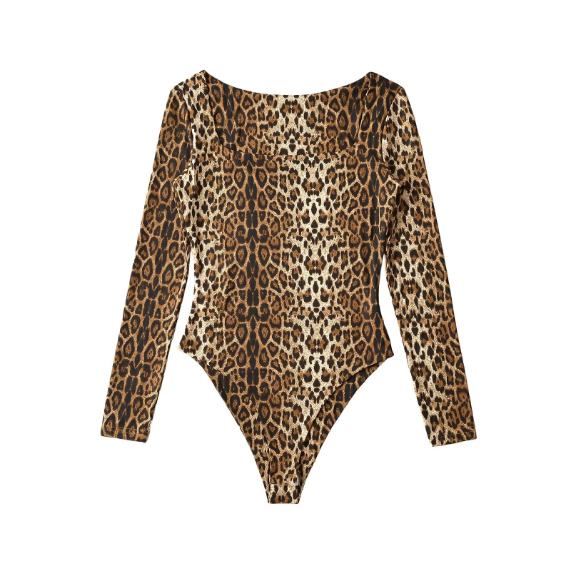 Ολόσωμο με ζωικό print, μακριές μανίκες, τετράγωνο ντεκολτέ, στενή γραμμή, 3/4 μήκος παντελονιού (πολυεστέρας; μικροελαστικότητα; μέση μεσαίου ύψους)