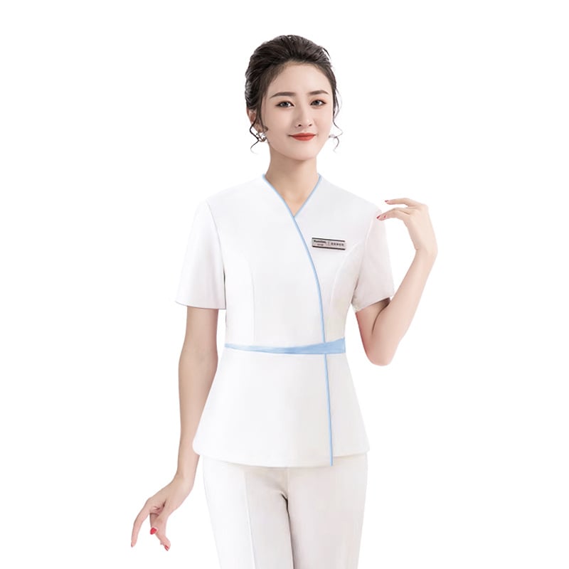 Sada uniformy pre kozmetický salón — top s úzkym pásom a elastické nohavice, vlhkosť odvádzajúci polyester, výstrih do V, krátke rukávy, model K030