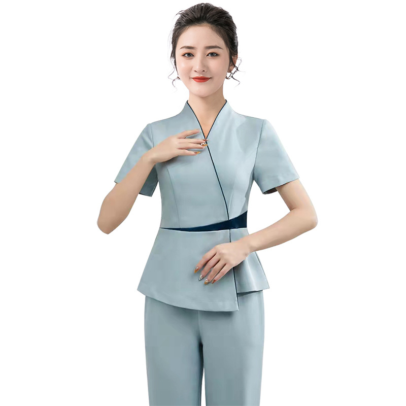 Set radne odjeće za beauty salon – Top sa strukom i elastične hlače, poliester s odvlaživanjem vlage, kratki rukavi, V-izrez