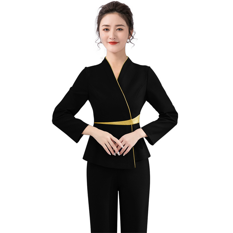 Set radne odjeće za beauty salon – Top sa strukom i elastične hlače, poliester s odvlaživanjem vlage, kratki rukavi, V-izrez