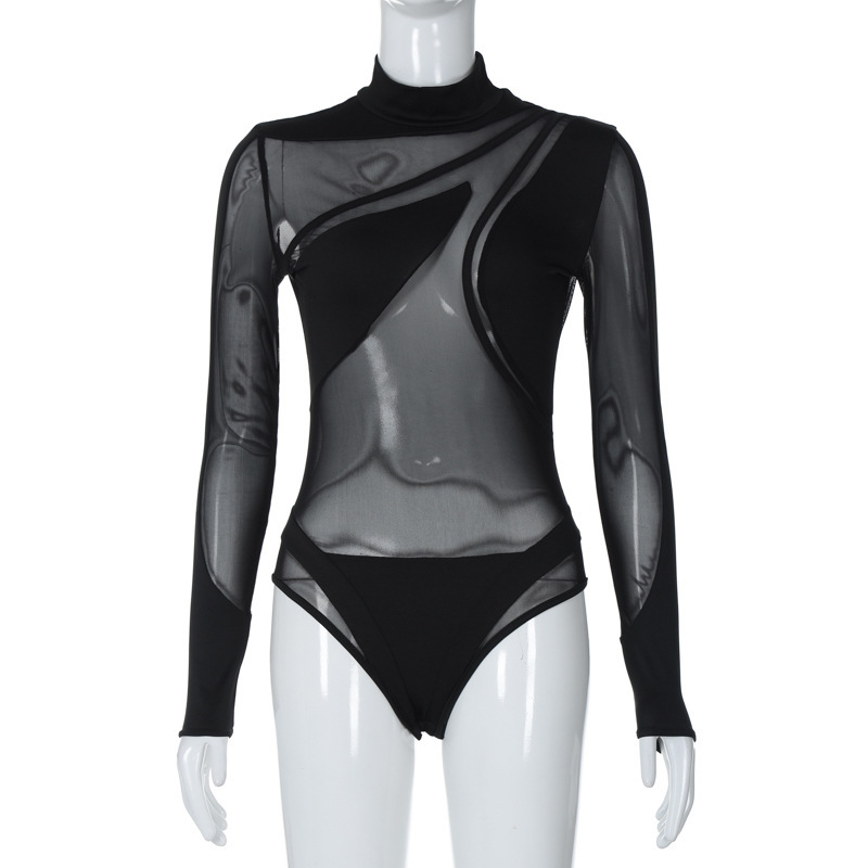 Ženski seksi kombinezon s mrežastim panelom, dugi rukavi, uski kroj, hlače 3/4, poliester-spandex smjesavina, korejska mreža, zima 2025, hawthaw