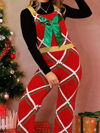 Коледен женски комбинезон без ръкави, акрилово влакно, свободна талия, прави крачоли