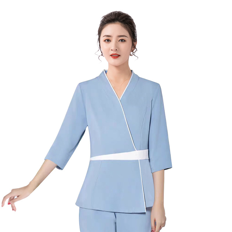 Ženska uniforma za beauty salon: set top s uskim strukom i elastične hlače, poliester, odvodi vlagu, kratki rukav, V-izrez, za salone ljepote, spa i zdravstvene centre