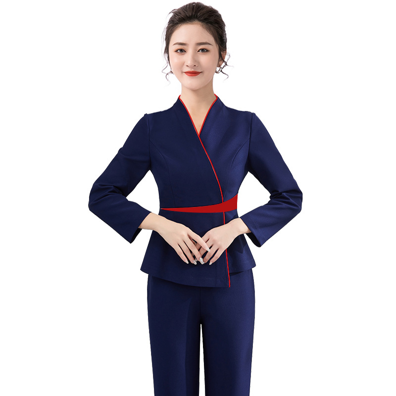 Ženska uniforma za beauty salon: set top s uskim strukom i elastične hlače, poliester, odvodi vlagu, kratki rukav, V-izrez, za salone ljepote, spa i zdravstvene centre