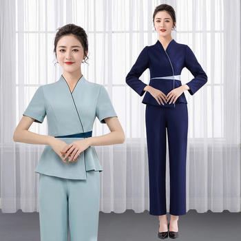 Ženski set uniforme za kozmetički salon: top s uskim strukom i elastične hlače, kratki rukavi, V izrez, 95% poliester s odvlačenjem vlage