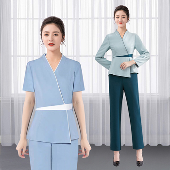 Ženski set uniforme za kozmetički salon: top s uskim strukom i elastične hlače, kratki rukavi, V izrez, 95% poliester s odvlačenjem vlage