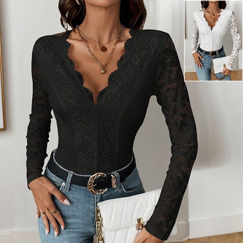 Секси дамски боди с дантела, дълги ръкави, V-образно деколте, висока талия, полиестер/спандекс.
