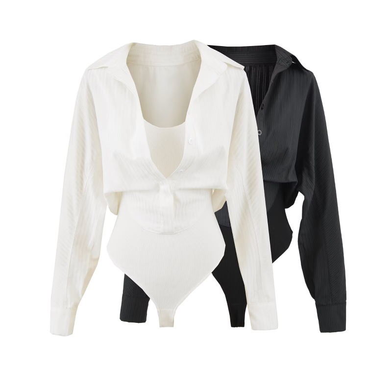 Poliester jumpsuit s polo ovratnikom, dugi rukavi, srednji struk, ravne hlače, tri četvrtine duljine, dizajn kolage