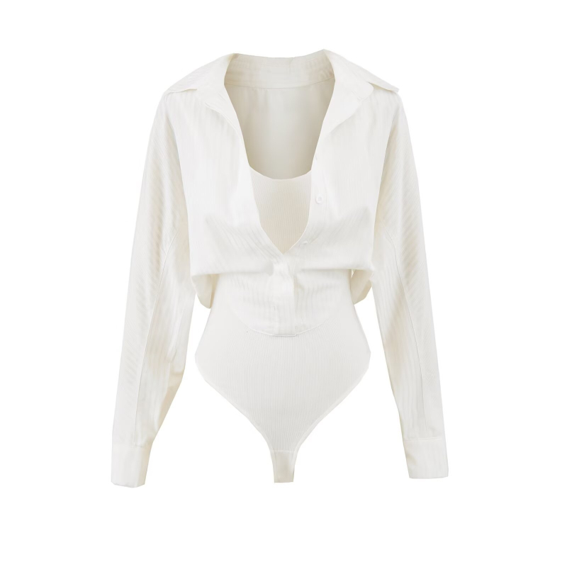 Poliester jumpsuit s polo ovratnikom, dugi rukavi, srednji struk, ravne hlače, tri četvrtine duljine, dizajn kolage