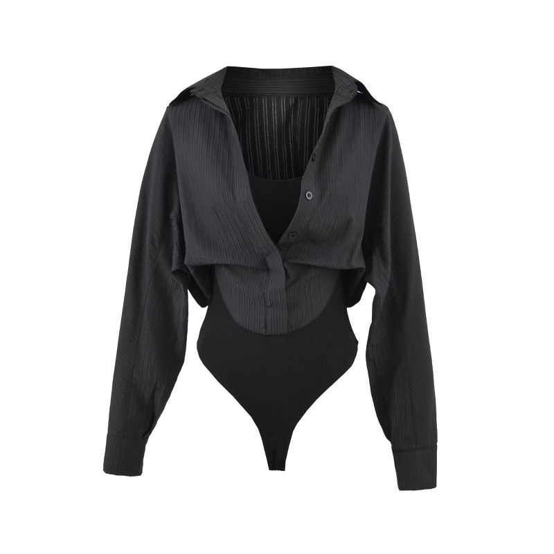 Poliester jumpsuit s polo ovratnikom, dugi rukavi, srednji struk, ravne hlače, tri četvrtine duljine, dizajn kolage