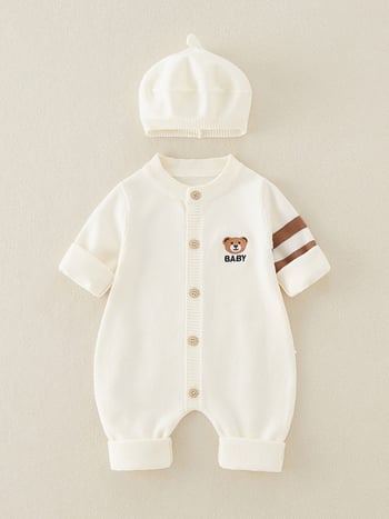 Korejski stil pleteni body za bebe s odvojivom kapom, dugi rukavi, dizajn puzanja, 100% poliester, pogodno za proljeće i jesen, sigurnosni razred A, uzrast 1–3 godine