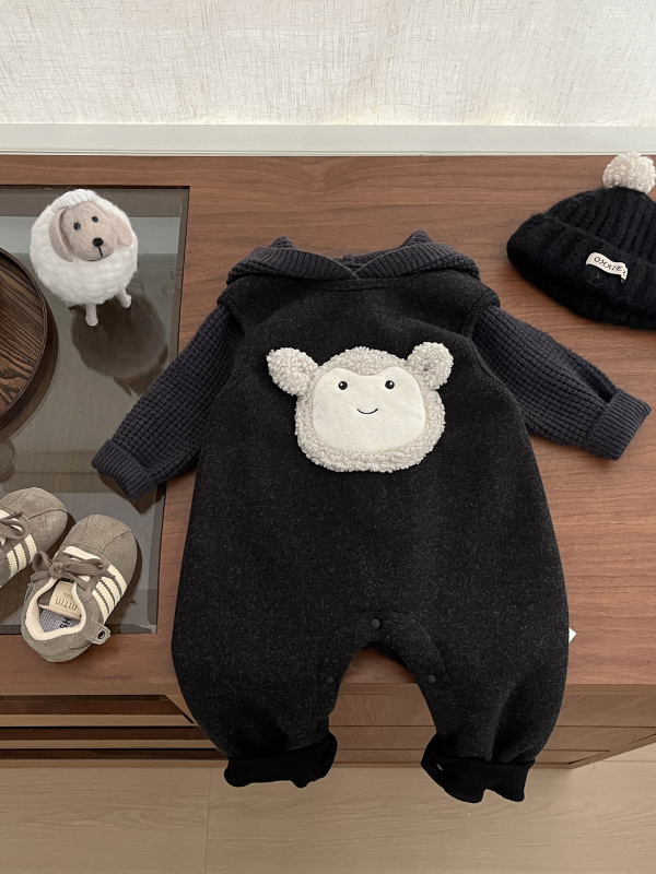 Zimski dječji kombinezon, korejskog stila, sladak karikaturni dezen, fleece podstava, 90% poliester, dugi rukavi, skriveno kopčanje na gumbe, unisex