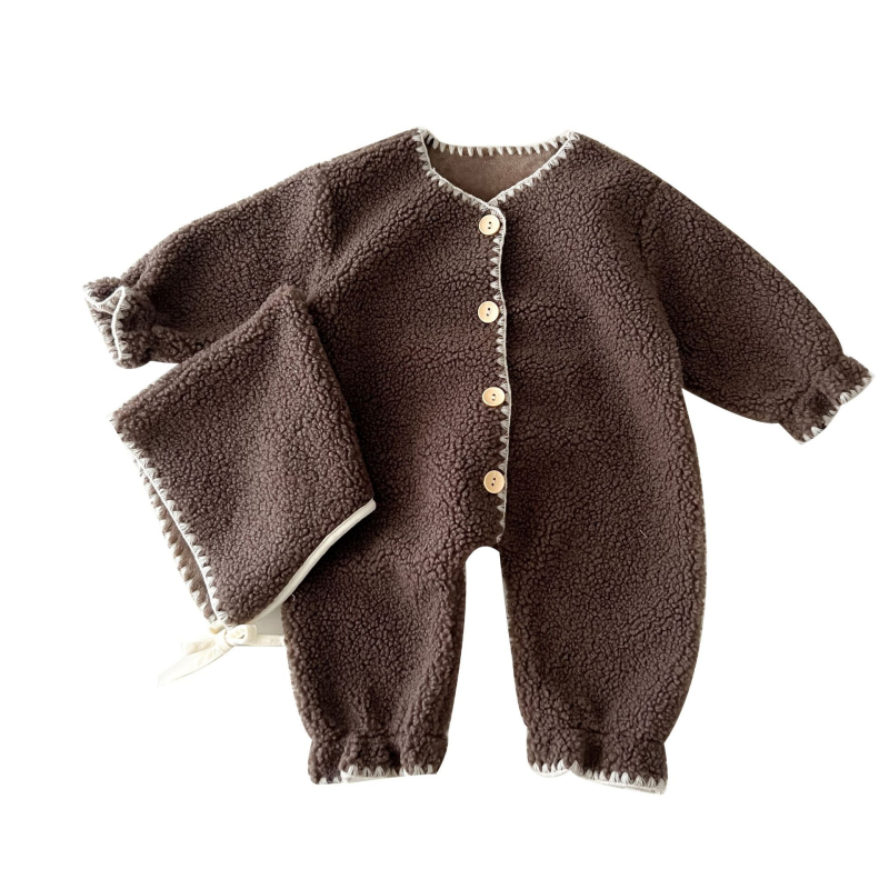 Beebi jumpsuit s fleeceom za jesen-zimu, dugi rukavi, odvojiva kapuljača, 100% poliester, pogodan za dob 1–3 godine