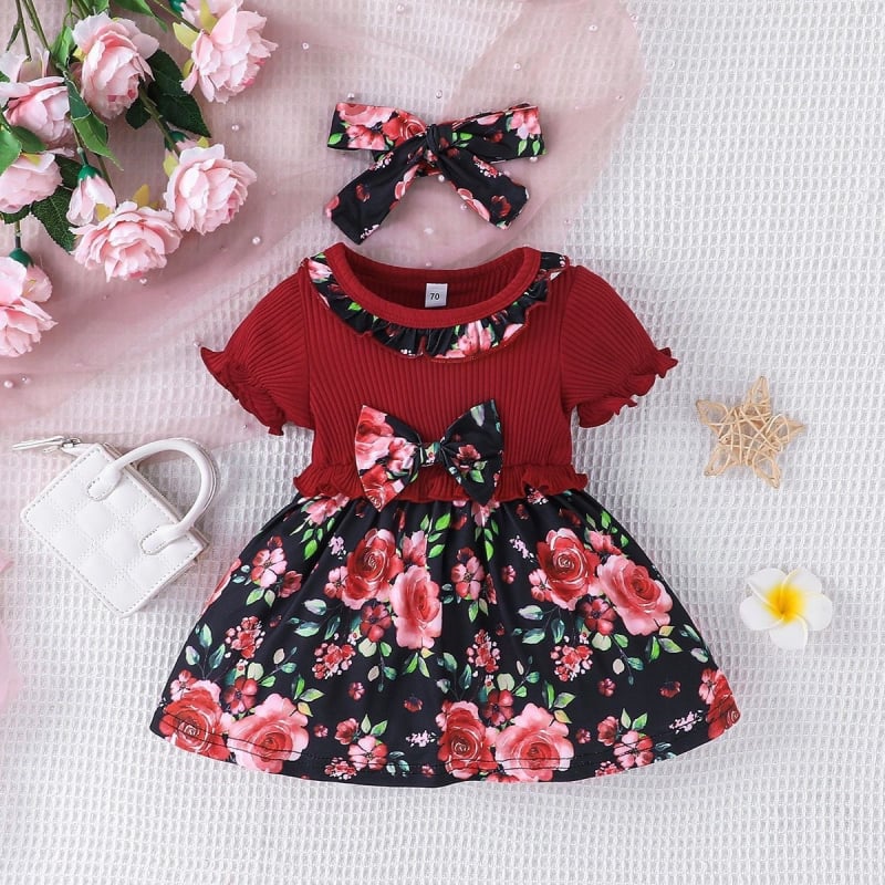 2025 Ljetna haljina za bebe s mašnicom i Baby-Doll ovratnikom, mali cvjetni uzorak, piqué materijal s prugama
